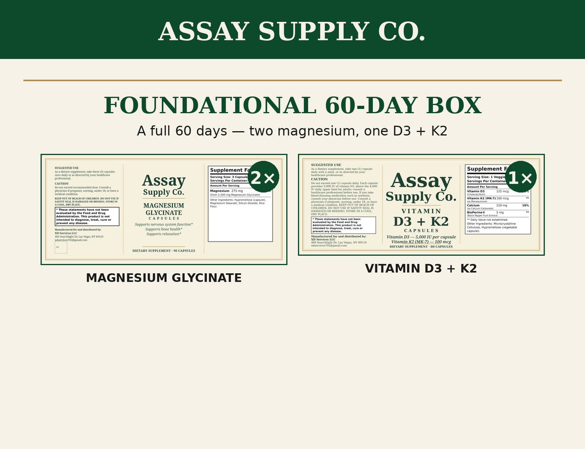 Foundational 60-Day Box: two Magnesium Glycinate and one Vitamin D3 + K2 labels