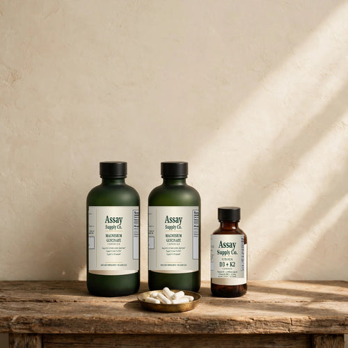 Assay Supply Co. Foundational 60-Day Box with two bottles of Magnesium Glycinate and one bottle of Vitamin D3 + K2