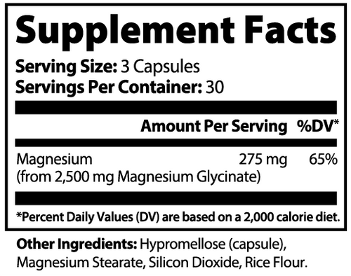 Magnesium Glycinate Supplement Facts panel: 275 mg magnesium from 2,500 mg magnesium glycinate per 3 capsules