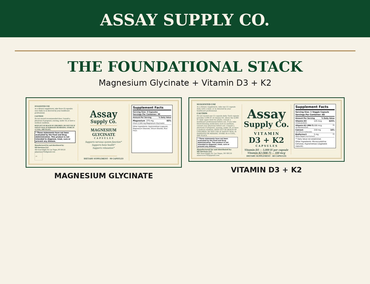 The Foundational Stack: Magnesium Glycinate + Vitamin D3 + K2 labels