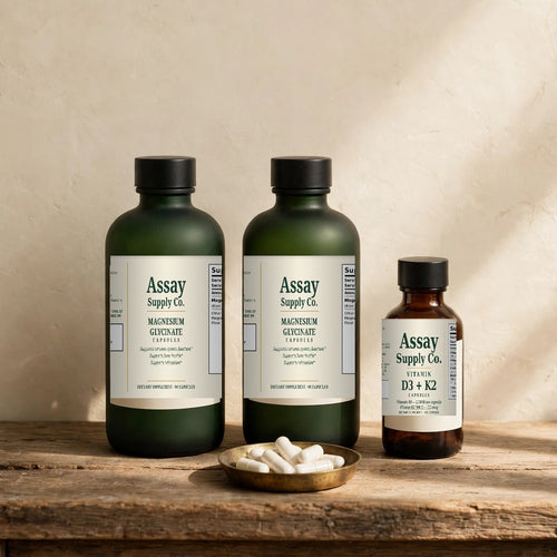Assay Supply Co. Foundational Stack: one Magnesium Glycinate bottle and one Vitamin D3 + K2 bottle